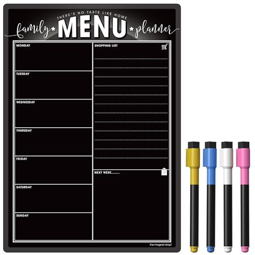 TMS - Planificador semanal de menú familiar A4 | Planificador de comidas de borrado en seco, pizarra negra y lista de compras para tu hogar, cocina, nevera, con 4 bolígrafos de tiza líquida (pizarra