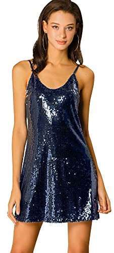 Allegra K Damen Glitzer Sparkle Verstellbare Träger Mini Party Pailletten Kleid - Blau - Klein