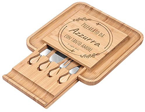 Maverton Tagliere per formaggio e salumi in legno - set 3 coltelli 1 forchetta - incisione personalizzata - H4cm x L34cm - regalo di compleanno per la donna - con amore