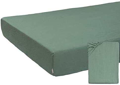 beties reines Leinen Spannbettlaken ca. 90x200 cm 100% Leinen Stone-Washed Spannbetttuch Steghöhe 25 cm (Natural-Mint)