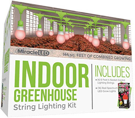 Miracle LED 609694 4-Socket Cord 4 Red Spectrum Fruiting & Flowering Ultra Grow Lights Replacing 150W Each (4-Pack) Corded Indoor Greenhouse Kit, 6ft Strings, 16 Bulbs