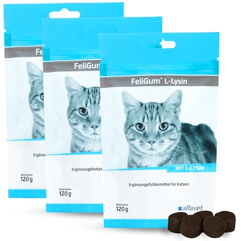 Alfavet FeliGum L-Lysin Kaudrops für Katzen bei Katzenschnupfen, 3 x 120 g