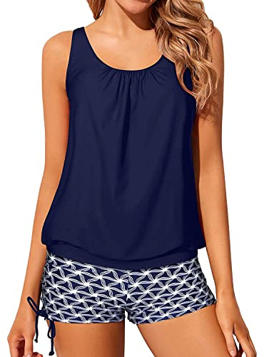 Yonique Blouson Tankini Swimsuits for Women Two Piece Bathing Suits Tops with Boyshorts Modest Loose Fit Swimwear Blue L
