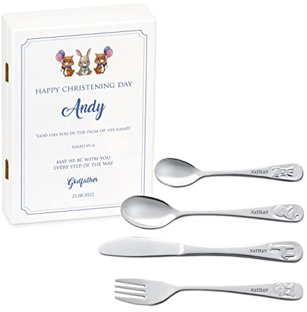 MAVERTON Kids Silverware in a Wooden Box – Personalised Animals Cutlery Set – Stainless Steel Engraved Utensil Set – for Boys - Animals