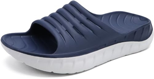 KuaiLu Mens Recovery Sandals Sport Comfort Arch Support Cushioned Athletic Sliders Orthotic Plantar Fasciitis Open Toe Wide Width Thick Sole Sandles Summer Pool Beach Slippers Blue White Size 7