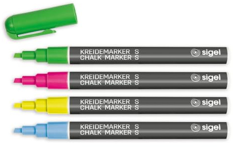 Sigel Kreidemarker Bunt, Größe S Rundspitze 1-2 mm 4 Farben | BA179, pink, gelb, grün, blau - abwischbar für Glas-Magnettafeln und Whiteboards