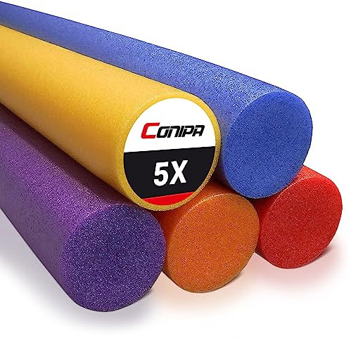 Conipa® - 5 Stück Schwimmnudel (160 x 7 cm) für Kinder & Erwachsene (Schaumstoff) - Poolnudel Set ab 3-10 Jahre (Made IN Europe) - Pool Wassernudel & Spielzeug (Gelb Lila Rot Blau Orange)