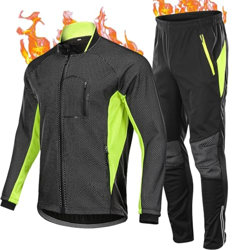 HOMTOL Cykeljacka för män, vinter, termisk vattentät, vindtät, vinter, termofleece, cykeltröja, set, cykelkläder, andas, långa cykelbyxor, grön, L