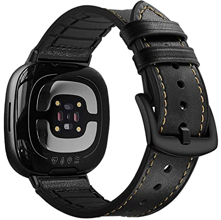 YOOSIDE Echtleder mit Silikonfutter für Fitbit Versa 3 / Versa 4, Lederarmband Weiches Schweißfestes Herren Uhrenarmband mit Edelstahlverschluss Kompatibel mit Fitbit Sense/Sense 2