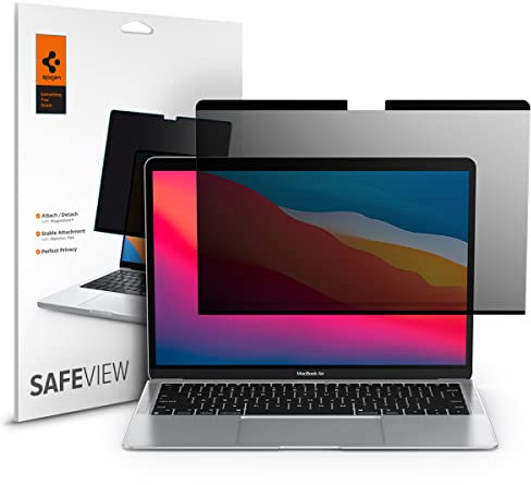 Spigen SafeView Protector Pantalla Filtro Privacidad para MacBookPro 13 (2021-2017), MacBook Air 13 (2021-2018), 1 Unidad, Anti-Espía, Cobertura Completa, Con paño de limpieza y estuche