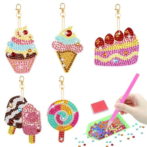 Eiscreme Geformt Diamant Painting Bilder, Diamond Painting Diy-Sticker Bastelset für Kinder ab 6 Jahre, 6 Stück Diamantmalerei-Schlüsselanhänger, Geschenke für Mädchen im Alter von 6–12 Jahren