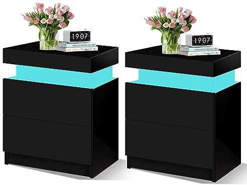 ELFORDSON Bedside Table Set of 2 with 2 Drawers, 4 Sides High Gloss LED Bedside Cabinet with 16 Colours, Side Cabinet Nightstand Bedroom Living Room Furniture Black