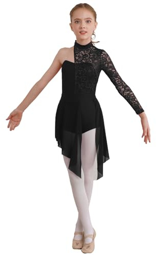 CHICTRY Enfant Fille Robe Danse Classique Ballet Dentelle Asymétrique Une Manche Robe Danse de Salon Rumba Samba Salsa Latine Jazz sans Manche 6-16 Ans B Noir 16 Ans