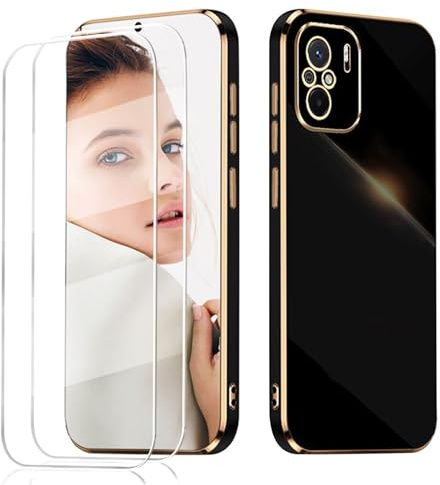 LENGRACE para XiaoMi Poco F3 5G Borde Chapado Carcasa con 2 Protector Pantalla,Galvánico Silicona TPU Anti-Choque Antigolpes Funda-Negro