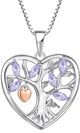 YL Collana e lucchetto in argento Sterling 925 con albero genealogico e lucchetto, con ciondolo a forma di albero della vita, 12 pietre portafortuna, con zirconi, idea regalo per signore, mamma,,