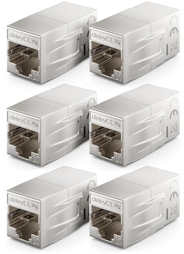 deleyCON 6 Stycken RJ45 Koppling CAT 7 (10Gbps, 600MHz) Kontaktdon CAT7 Förlängningskabel Ethernet-Adapter Metall Kompatibel med Cat8, Cat7, Cat6, Cat5 Patchkabel LAN DSL POE 2x RJ45-Uttag, Silver