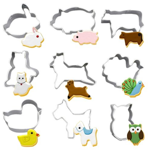 Crethink Mini-Tier-Ausstechformen, 9-teiliges Ausstechformen-Set aus Edelstahl, zum Backen von Kaninchen, Ferkel, Kalb, Katze, Pony, Pfau, Ente, Eule, ACC-99