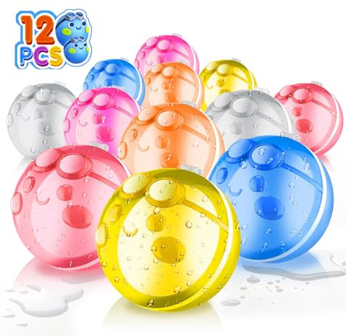 Tosekry 12 Stück Wasserbomben Wiederverwendbar mit Netzbeutel, Wasserbomben Selbstschließend Wasserspielzeug Kinder Outdoor Spielzeug Junge Magic Splashy Balls Pool Spielzeug (Smile-12 Stück)