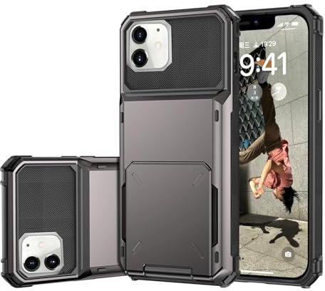 Draamvol for iPhone 12 Phone Case with Card Holder Slots Armor Shockproof Flip Wallet Case Hard PU Back Soft TPU Inner Bumper Cover for iPhone 12 Case, Grey