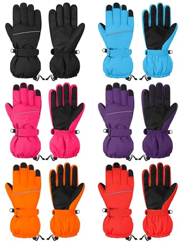 Cooraby 6 Pairs Kids Ski Snow Gloves Waterproof Windproof Gloves Winter Snowboard Sport Gloves for Boys Girls Cold Weather