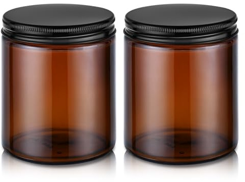 Tecohouse 8 Ounce Glass Jars with Metal Lids, Pack of 2, Light (Amber), Cylindrical Shape, Perfect for Candles, Spices, Body Butter, Jams and Dressings