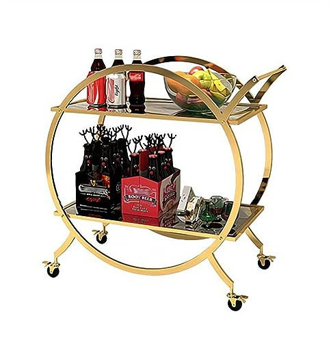 Goldener Barwagen, moderner Bar-Servierwagen aus Metall mit 2 verspiegelten Ablagen, runder Barwagen, geeignet mit 360°-Universalrädern, Küchen-Servierwagen und Kaffeestation (Farbe: Gold, Größe: 72 x