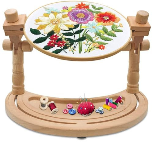 JTWSR Soportes para Bastidores de Bordado, Soporte de Aro de Bordado de Punto de Cruz Ajustable Y Giratorio de 360°, Soporte de Aro de Bordado de Madera Dea Natural, Soporte de Manos Libres, para Cost