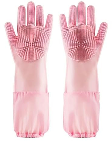 BrightGlow Fellpflegehandschuhe für Haustiere Hundebürste Handschuh Reinigungshandschuhe Massagehandschuh Fellpflege-Handschuhe Handschuh für Hausarbeit Extra lang wattiert: rosa Erwachsene