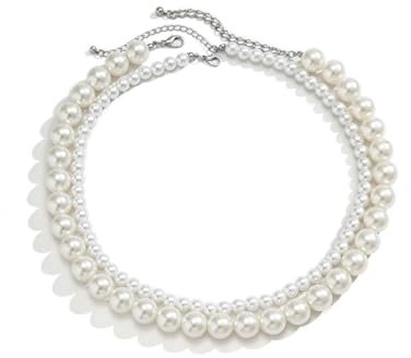 KnSam Herren Kette Herren Weiß, Edelstahl Partnerketten Doppel Bead Kette Form, Bead-Kette mit Perle, 52CM