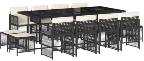 vidaXL Garten Essgruppe 13-TLG., Gartenmöbel Set Tisch mit 8 Stühle 4 Hocker, Gartengarnitur mit Kissen, Sitzgruppe Essgarnitur Terrasse, Schwarz Poly Rattan