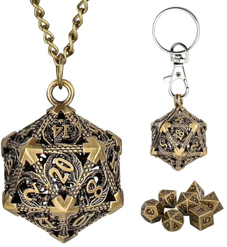 Hshenjhu Mini Set di Dadi DND con Portachiavi Portatile, Collana, Mini Set Poliédrici in Metallo da 7 Pezzi, Gabbia Metallica Vuota D20 Drago, Accessori per Giochi da Tavolo di Ruolo, Bronzo | D20 Dragon Mini Set di Metallo 7 Pezzi Accessori Gioco da Tavolo Ruolo Bronzo