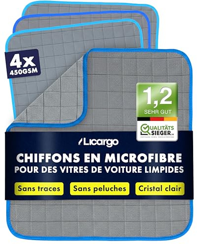 LICARGO Chiffon Microfibre Carbone Lot de 4 - Lavette Vitre Voiture sans Trace & sans Peluches, 350 GSM, Lingette Pare-Brise Intérieur & Extérieur, 50x40 cm, Chiffon Magique pour Vitres & Miroirs