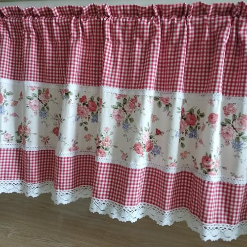A.Monamour Cortina Cocina Ventana Puerta Corta Pequeña Granja De Algodón Vintage Floral Rojo Blanco A Cuadros Bolsillo para Varilla Panel Cenefa Bistro para Dormitorio Café Baño Habitación Terraza