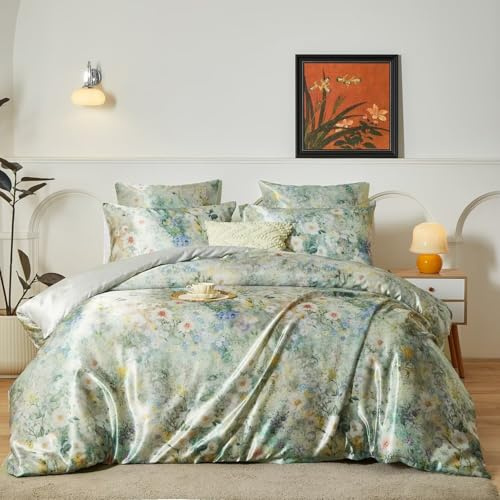 Luowei Biancheria da letto in raso, 155 x 220 cm, stile classico, motivo floreale, set di biancheria da letto vintage, verde inchiostro, seta, 3 pezzi, con chiusura lampo e 2 federe da 80 x 80 cm