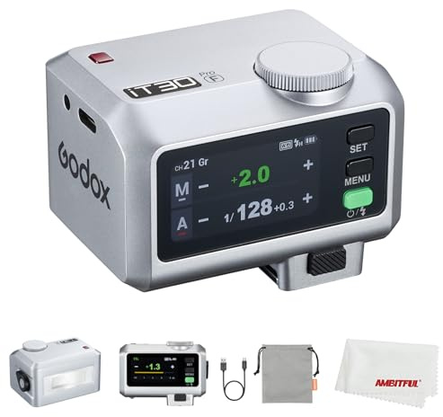 Godox iT30 Pro F iT30ProF Mini-blixt för Fuji-kamera, TTL automatisk exponering, HSS 1/8 000 sekunder, 2,4 G trådlöst Xsystem, 2,8 tums pekskärm i full färg, litiumbatteri (silver) (iT30Pro för Fuji)