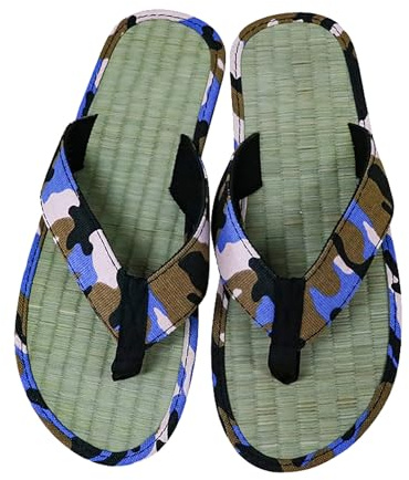 Tongs élégantes pour homme - Semelle en paille d'été - Séparateurs d'orteils - Fond en bambou - Pantoufles confortables - Sandales en toile respirantes - Tongs confortables - Clip d'orteil, bleu, 43