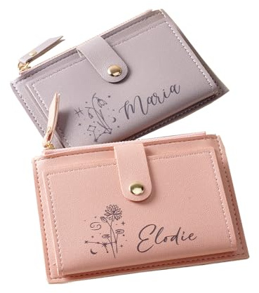 Mini Portefeuille en Cuir personnalisé avec Motif de Fleur de Naissance et Fermeture éclair, Porte-Monnaie, nom personnalisé, Compact, à Deux Volets, pour Femmes et Filles
