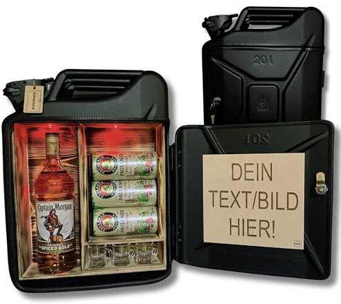 Bombaro 20L Kanister Mini Bar Premium I Maximal personalisierbar mit Gravur & LED Beleuchtung I 3 Gläser I Jerrycan I Mobile Kanister Bar Geschenk für Männer I Abschließbare Minibar I Bier Geschenk