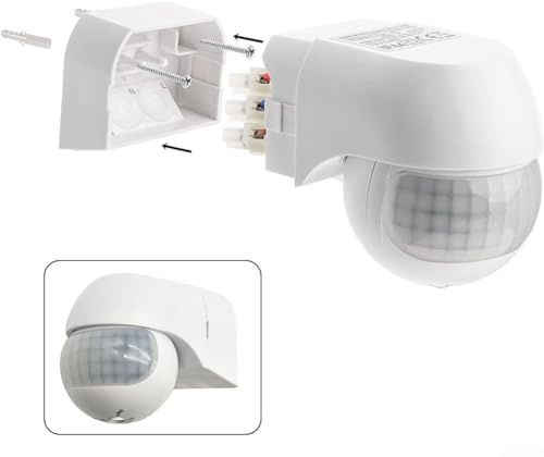 Bebykilemi Interruttore della luce con sensore di movimento PIR per esterni, angolo di rilevamento di 180°, portata 12 m, crepuscolare regolabile 3-2000 Lux, montaggio a parete, AC 110-220 V