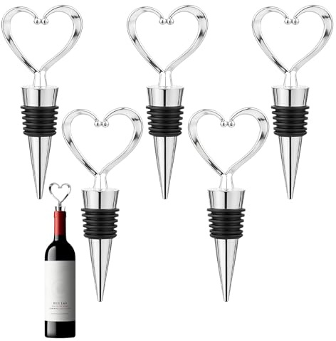 Weinflaschenverschluss, 5 Stück, herzförmiger Weinverschluss, Herzflaschenverschluss, geeignet für Wein, Champagner, Prosecco Sekt, Biersammlung (Silber)
