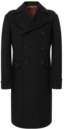 The Platinum Tailor Mens Black Overcoat Wool & Cashmere Great Coat Long Double Breasted Heavy Warm Winter (US, Numeric, 46, Regular, Regular, Black - Red Lining)
