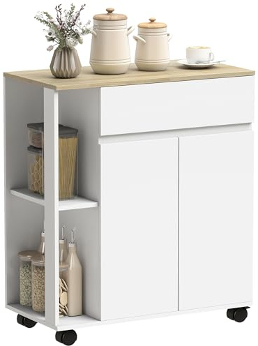 HOMCOM Carrello Cucina, Isola Cucina con Cassetto, Armadietto, 2 Ripiani Laterali e Ripiani Regolabili, Carrello Portaoggetti Multiuso in Legno, 78x39.5x88.5 cm, Bianco e Rovere