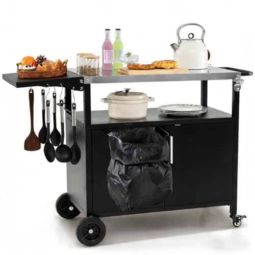 SPOTRAVEL Outdoor BBQ Grill Cart, Stainless Steel Top Rolling Food Prep Table with Storage Cabinet, 6 Hooks & Lockable Wheels, Portable Patio Kitchen Serving Cart for Grilling Camping