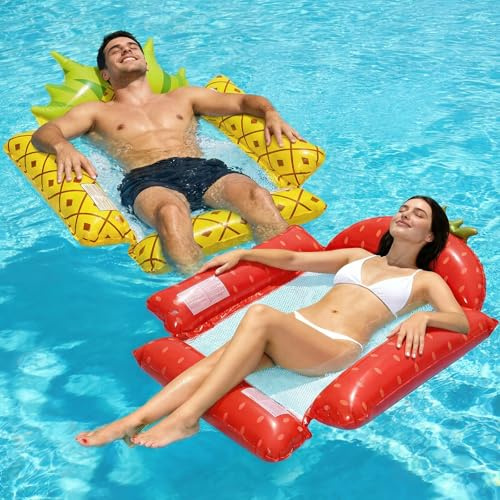 RYACO 2er Set Aufblasbare Wasserliege, Ananas & Erdbeer Design, 4-in-1 Wasserhängematte, Kühles Netz, 4-Rohr Stabilität, Pool Float für Erwachsene, Sommer Gartenpool Strand See