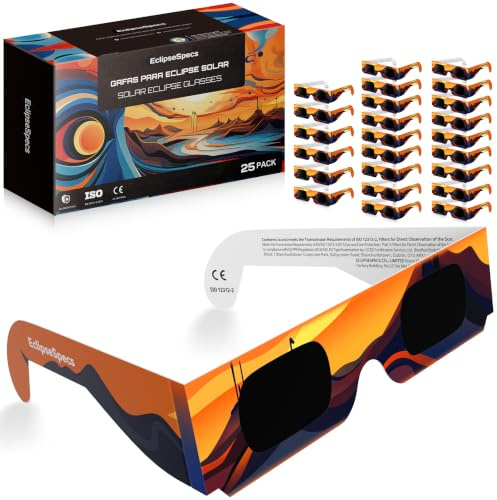 EclipseSpecs Gafas Eclipse Solar Homologadas, CE y EN ISO 12312-2 | EPI (UE) 2016/425 Cat. II | Protección UV/IR | Cumple 4/4 criterios OVAE | Adultos/Niños | Cartón | Packs 3/5/10/25