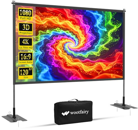 Wootfairy 120 inch Projector Screen with Stand, Large iron plate support | Portable and Foldable 16:9 4K Front Rear Wrinkle-Free Movie Screen with Carry Bag for Home Backyard Cinema Indoor Outdoor