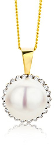 Miore Kette - Halskette Damen Kette Gelbgold 9 Karat / 375 Gold Süßwasserperle mit Rundschliff Zirkonia Steinchen 45 cm