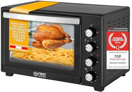 TZS First Austria - Minibackofen 45L 2000W - Mini Backofen Pizzaofen Temperaturregelung bis 230°C & Antihaftbeschichtung - Miniofen 60 Min. Timer, 4 Einschubhöhen, Backblech, Grillrost & Drehspieß