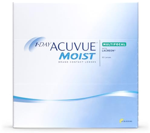 ACUVUE MOIST 1-DAY Multifocal Tageskontaktlinsen spenden Feuchtigkeit – Tageskontaktlinsen mit -5 dpt und BC 8.4 – UV Schutz & Komfortables Tragegefühl – 90 Linsen