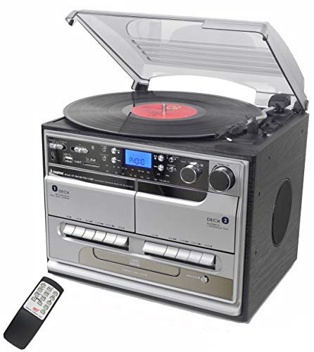 Steepletone BT-SMC386c Compact PRO, Bluetooth Retro Nostalgic 8 in 1 Music System, Remote, 3 Speed Record Player, CD, FM/MW Radio, RECORDING: USB Stick/SD Card. TWIN Cassette Player/RECORDER - Silver